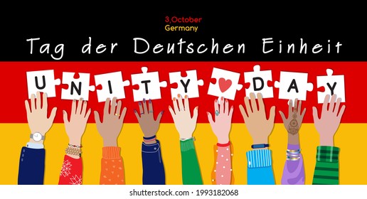 Happy Germany Unity Day On 3d Of October, Vector Banner, Poster. Diverse Male And Female Hands Holding Puzzle Pieces Together At National Flag Background. Translation From German: Day Of German Unity.