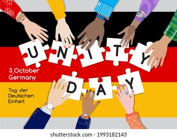 Happy Germany Unity Day On 3d Of October, Vector Banner, Flyer. Diverse Male And Female Hands Holding Puzzle Pieces Together At National Flag Background. Translation From German: Day Of German Unity