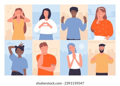 Happy gestures of people set vector illustration. Cartoon excited adult female and male characters with various positive emotions in communication, portraits of cheerful young and old woman and man