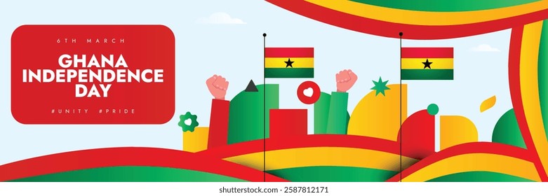 Happy Ghana independence day 6 March 2025. Ghana independence day horizontal banner shows the flag of Ghana with vibrant shapes symbolizes unity strength and national pride celebration. 