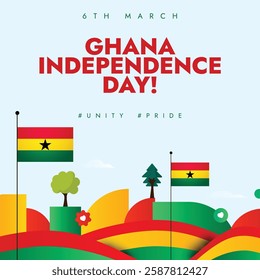 Happy Ghana Independence Day 6th March 2025. Ghana Independence Day Celebration poster with vibrant colours of Ghanaian flags in bright and clear atmosphere conveying a message of unity and pride