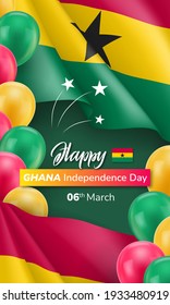 Happy Ghana Independence Day poster. 6th of March banner, card, national holiday background in Ghana patriotic colors realistic vector illustration