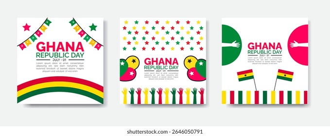 Happy Ghana Republic Day  social media banner set, background, promotion advertising bundle, square layout template for Instagram and Facebook. Ghana festival banner with Ghana flag