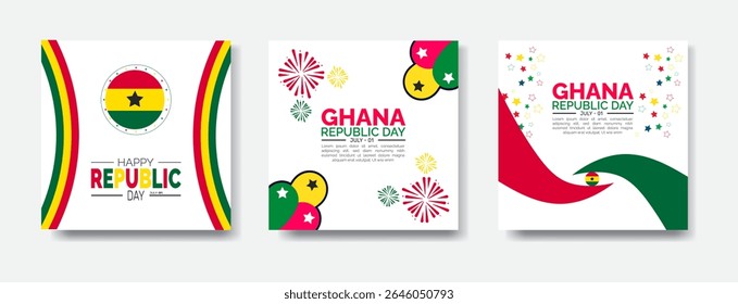 Happy Ghana Republic Day  social media banner set, background, promotion advertising bundle, square layout template for Instagram and Facebook. Ghana festival banner with Ghana flag