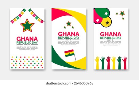 Happy Ghana Republic Day Social Media Stories book cover set, Ghana Republic Day  promo bundle, square layout template. web banners with ballon pieces, Ghana festival banner with Ghana flag