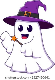 Happy ghost cartoon wearing witch hat holding magic wand