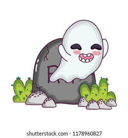 happy ghost character with rip stone