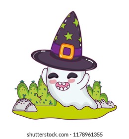 happy ghost character with witch hat
