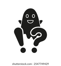 Fantasma Feliz Con Exclamación Y Signo De Interrogación Icono De Silueta. Icono De Glifo De Personaje Sorprendido Y Curioso. Ilustración vectorial aislada.