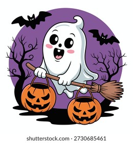Fantasma feliz volando con calabazas y murciélagos de halloween