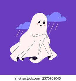 Happy ghost with headphones play on game console. Playful spook hold controller in hands. Baby phantom with headset and joystick. Halloween party decoration. Flat isolated vector illustration