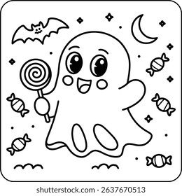 Happy Ghost with Lollipop and Candy Line Art Coloring Page