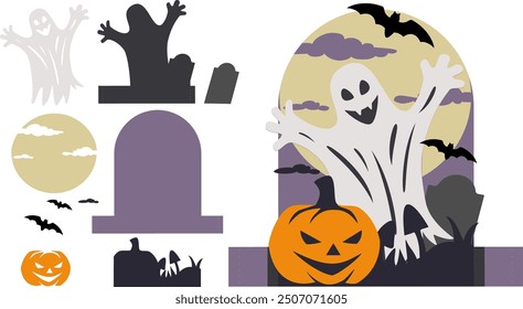 Happy ghost, moon, bats. a three-dimensional postcard template, DAY. vector Layout, cute Halloween party, for paper cutting