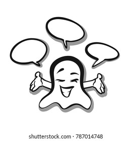 Happy ghost with speaking bubbles. sketched by hand. Emotional face series.
