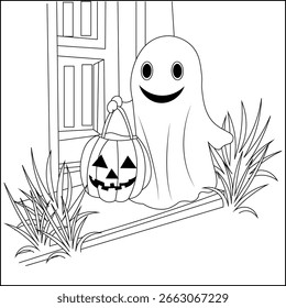 Feliz fantasma truco o trato con la bolsa de calabaza para colorear de Halloween para niños