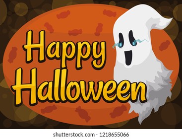 Happy ghost with wildfire in its eyes floating over a sign with candies for Halloween celebration in a special night with bokeh.