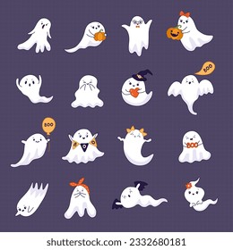 Happy ghosts. Cute little scary creepy ghosts with various emotions recent vector stylized illustrations for kids