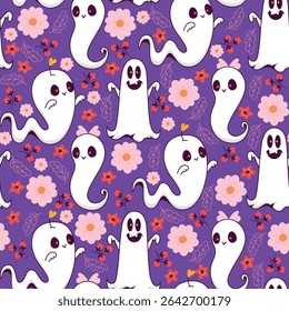 Happy Ghosts with Flowers, Berries and Leaves on Purple Background. Happy Halloween seamless pattern with cheerful spirits and blooming flowers perfect for cards, patterns, print, web