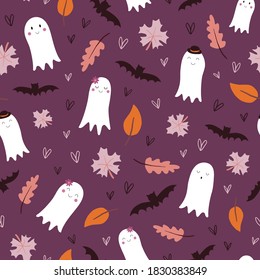 Happy Ghosts Halloween Purple Vector Seamless Pattern