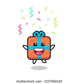 happy gift box mascot jumping for congratulation with colour confetti , cute style design for t shirt, sticker, logo element