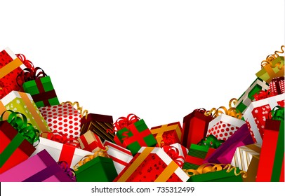 Happy  gift boxes, presents, cute cartoon decor. Merry Christmas and Happy New Year background. Hand drawn Vector Illustration, realistic 3d