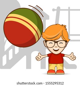 Happy ginger boy with glasses playing ball on a playground. Vector illustration for print and web projects.