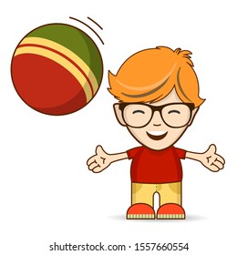 Happy ginger boy with glasses playing ball on a on a white background.Colorful vector illustration in flat cartoon style for print and web projects.