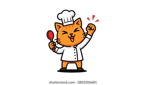 Happy ginger cat chef holding spoon in culinary gear.
