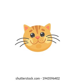 Happy ginger cat with long whiskers isolated happy emoticon. Vector red cat snout, feline purebred, short hair striped cat. Portrait of smiling kitten, head or print of home friendly animal