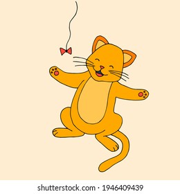 Happy ginger cat plays with a rope. Vector hand-drawn doodle illustration.