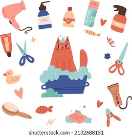 Happy ginger cat sits in a bath with soapy foam. Washing at home or salon. Set of items and tools for pet grooming. Flat cartoon vector illustration for banner, sticker and greeting card