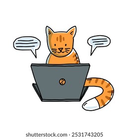 Happy ginger cat sits at the laptop and chats. The animal works. Learning, education. Vector outline hand drawn illustration.