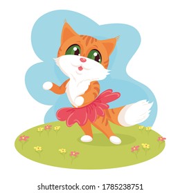 Happy ginger cat in a skirt is dancing on the lawn. Vector illustration for postcard, poster, print