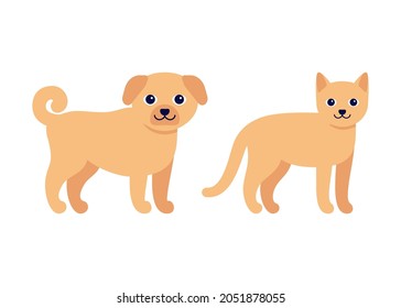 Happy Ginger Dog And Cat, Standing Puppy Pet. House Animal, Canine Feline Pet. Vector Illustration