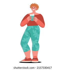 Happy ginger girl with curly hair in red top and turquoise leggins holding a cup of coffee with both hands.  Hand in a pocket. Full character figure. Flat hand drawn vector illustration