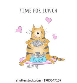 Happy ginger tabby cat holds a fish in paws and is going to eat it. Time for lunch. Cartoon vector illustration, design for print, sticker and postcard. Isolated on white background. Hand-drawing.