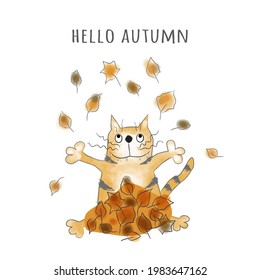 Happy ginger tabby cat tosses yellow leaves up. Hello autumn. Cartoon vector illustration, design for print, sticker and postcard. Isolated on white background. Hand-drawing.