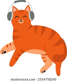 Happy ginger tabby cat wearing headphones, enjoying music and relaxing, illustrated in a vibrant cartoon style against a clean white background, radiating joy and playfulness