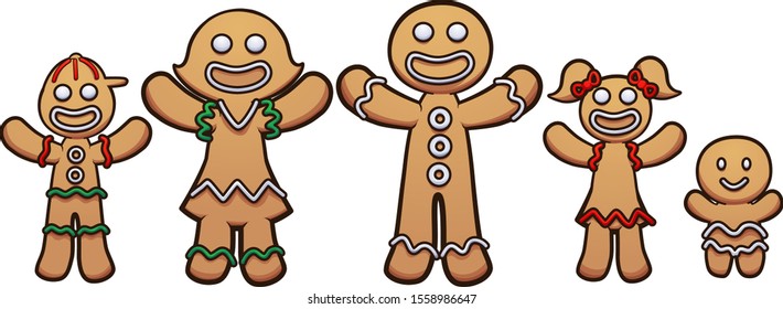 Happy Gingerbread Cookie Family With Kids Clip Art. Vector Illustration With Simple Gradients. Each On A Separate Layer. 
