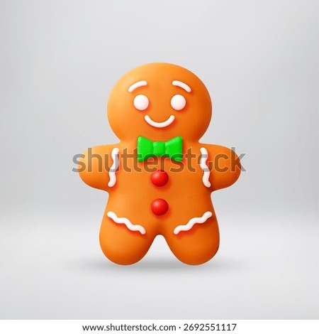 Happy gingerbread man cookie with green bow tie. Cute Christmas and New Year festive baking icon. Holiday dessert for seasonal celebration. 3D Vector illustration