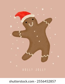 Happy Gingerbread Man Dancing Among Stars. Cute Hand Drawn Winter Holidays Vector Card with Cute Christmas Cookie. Funny Christmas Print with Gingerbread Man in Santa Claus Hat.Xmas Greeting Card.RGB.