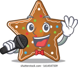 Happy gingerbread star singing on a microphone