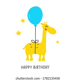 Happy giraffe with balloon. Happy birthday. Hand drawn illustration on white background for greeting card, textile t shirt, print,