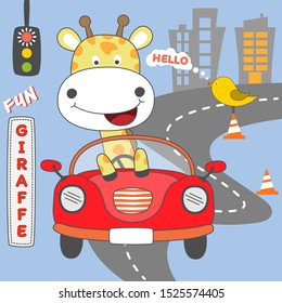 Happy giraffe girl driving red car.  flat clip art. Modern  poster for prints, kids cards, t-shirts and other. Vector illustration.
