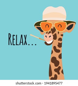 Happy giraffe in orange glasses and a panama hat with a cigarette