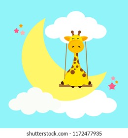 Happy giraffe play swing on the moon. Vector illustration with animal cartoon.