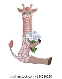 Happy giraffe sitting with bouquet of flowers and smiling