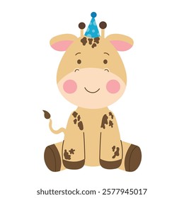 Happy giraffe wearing a colorful party hat