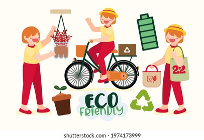 Happy girl and activity Activities reduce global warming, cycling, use of non-plastic containers. planting trees To save the world in Cartoon Character. Happy earth day concept, Vector Illustration.