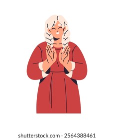 Happy girl applauding, shows support. Young woman gratitudes with applause, clapping hands, greeting. Joyful person rejoices, celebrates success. Flat isolated vector illustration on white background